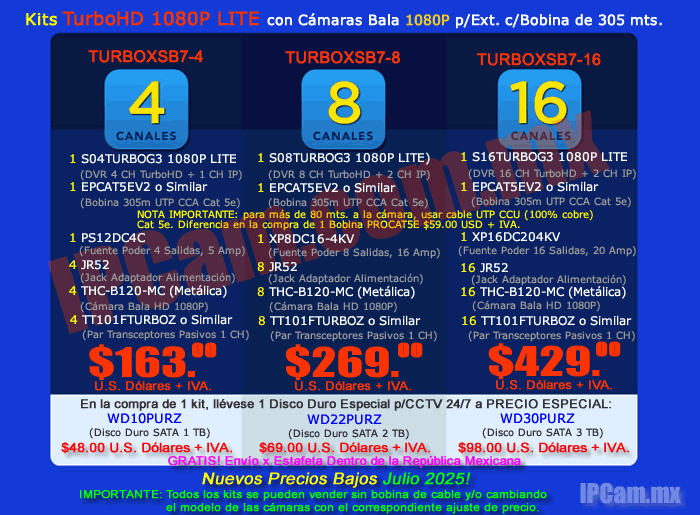 KITS CCTV HIKVISION Incluye; DVR Pentah&iacute;brida H.265+ + C&aacute;maras TurboHD 1080P + Bobina de 305 mts de Cable UTP Cat 5E CCA + Accesorios