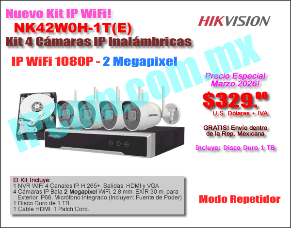 NK42W0H-1T(E) :: Kit IP WiFi, 1 NVR 4 CH H.265+, 4 C&aacute;maras IP Bala WiFi 2 Megapixel, 1 Disco Duro de 1 TB, 1 Cable HDMI y 1 Patch Cord