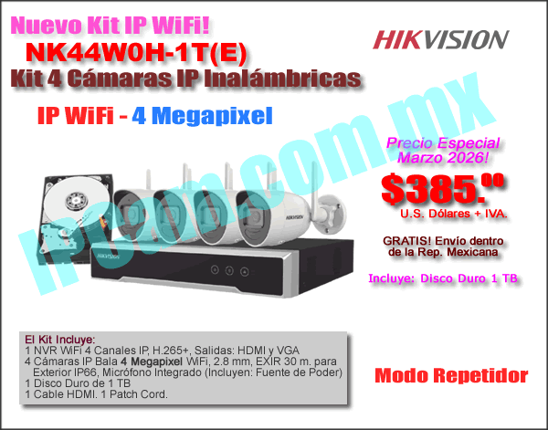 NK44W0H-1T(E) :: Kit IP WiFi, 1 NVR 4 CH H.265+, 4 C&aacute;maras IP Bala WiFi 4 Megapixel, 1 Disco Duro de 1 TB, 1 Cable HDMI y 1 Patch Cord